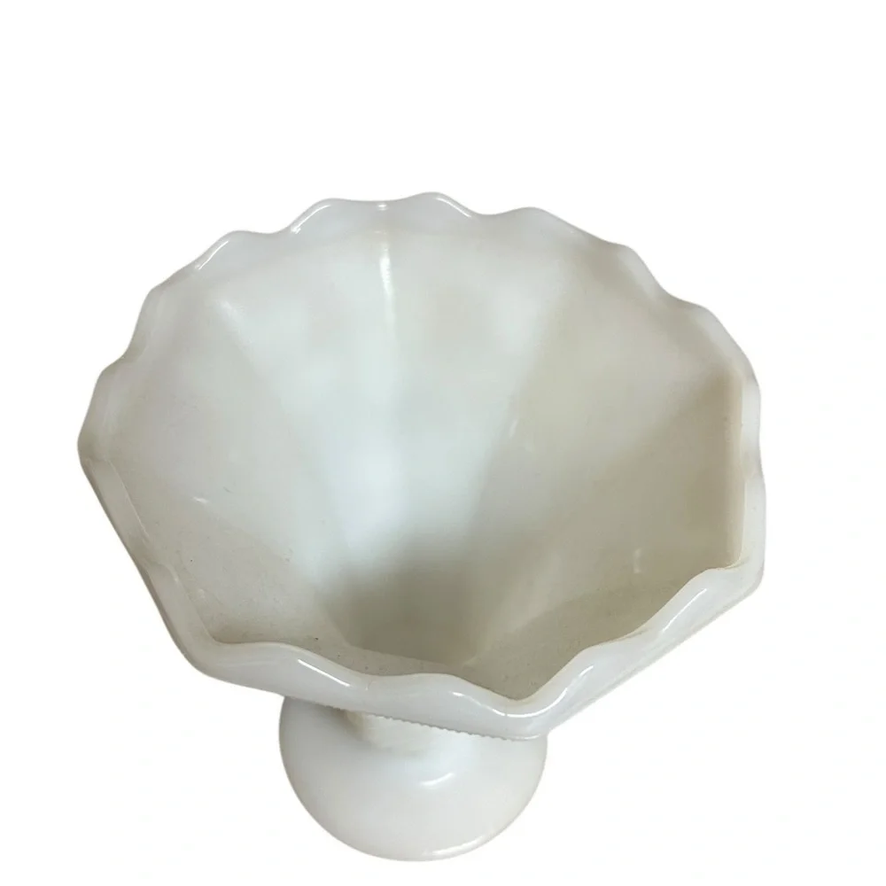 Vintage Milk Glass vase Grape Vine Scalloped Edge Fluted Pedestal